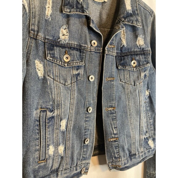 Boho Denim Jacket M Blue Jean Distressed Grunge Y2K Staple CI SONO - Picture 2 of 11